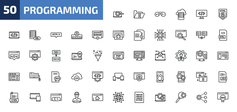 programming outline icon set. 50 linear vector for ui, web and mobile. thin line seo tools, archive, console and more icons.