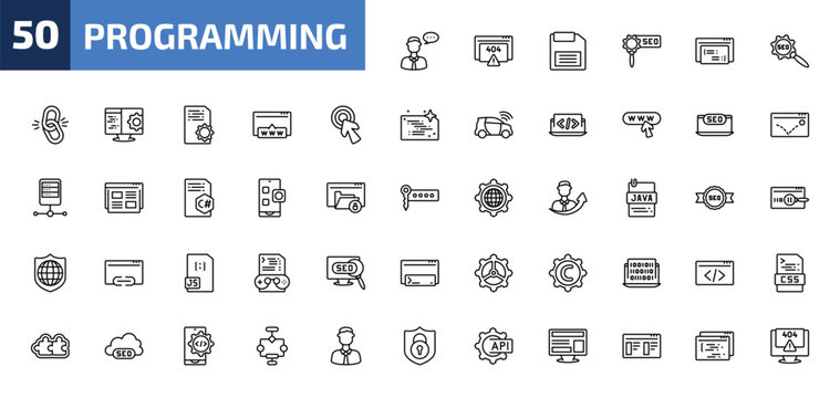 programming outline icon set. 50 linear vector for ui, web and mobile. thin line seo consulting, error 404, floppy disk and more icons.
