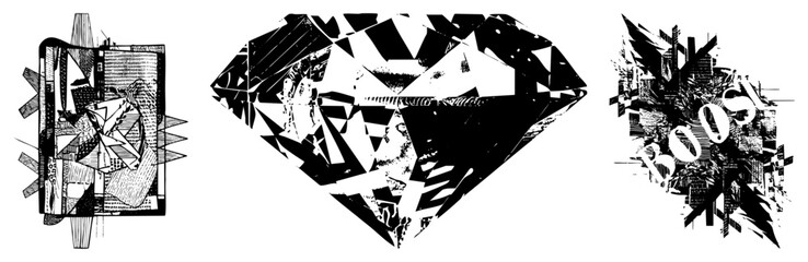 Obraz premium Stylized diamond cut with fragmented facets, urban graffiti inspired sketch, abstract vector art, black and white art, geometric, cityscape collage.