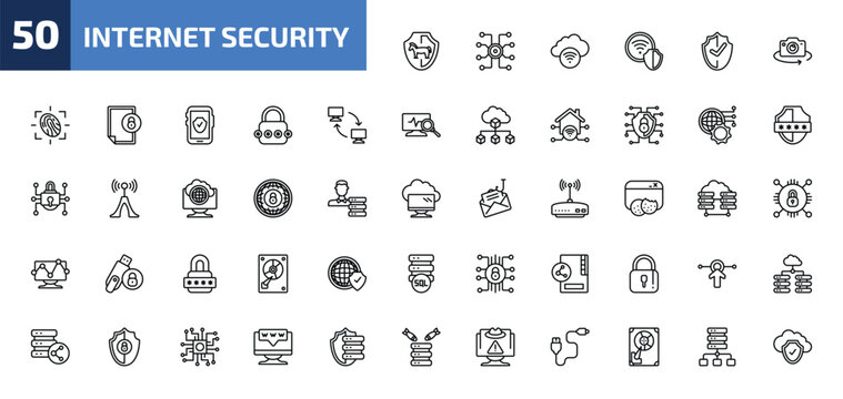 internet security outline icon set. 50 linear vector for ui, web and mobile. thin line trojan, hub, networking and more icons.