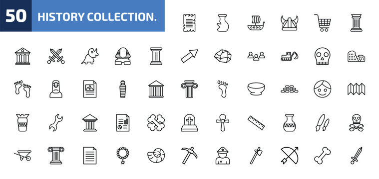 history collection. outline icon set. 50 linear vector for ui, web and mobile. thin line old paper, archaeological, viking ship and more icons.