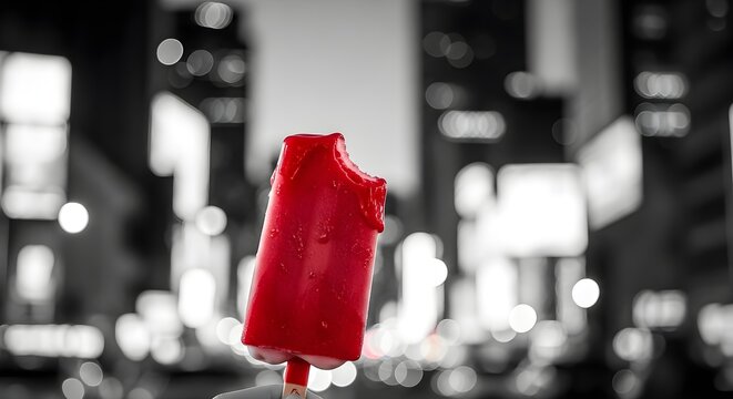 Vibrant Red Popsicle With A Bite Taken Out Held Against Blurred Black And White City Lights With Selective Color
