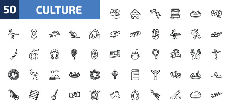 culture outline icon set. 50 linear vector for ui, web and mobile. thin line bolo de fuba, mud hut, native american axes and more icons.