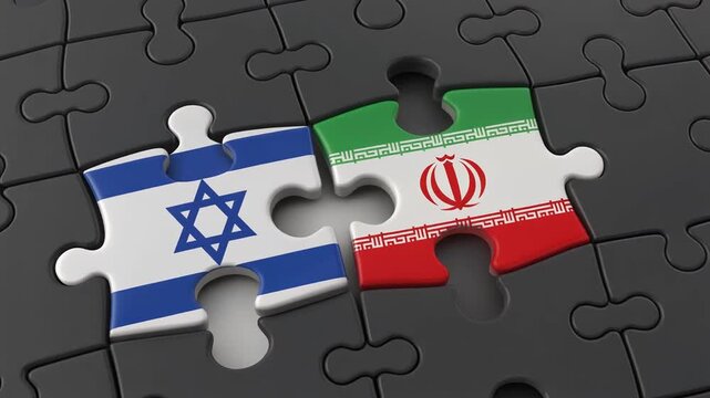 Two interlocking puzzle pieces represent national flags&mdash;Israel on the left and Iran on the right. The Israeli piece features a white background with two horizontal blue stripes and a blue Star of Davi