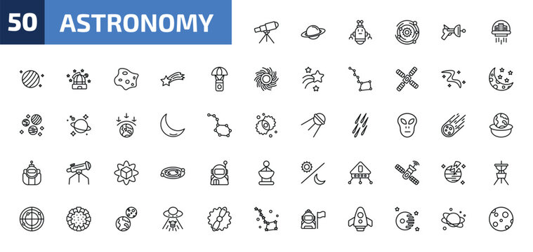 astronomy outline icon set. 50 linear vector for ui, web and mobile. thin line telescope pointing up, saturn, space robot and more icons.