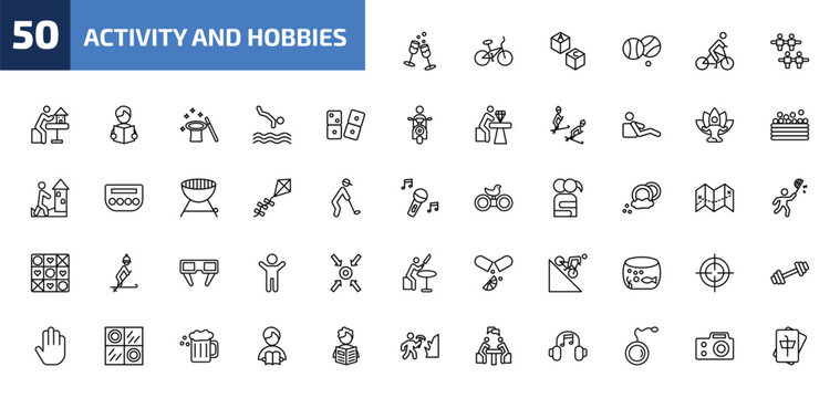 activity and hobbies outline icon set. 50 linear vector for ui, web and mobile. thin line hang out, bmx, boggle and more icons.