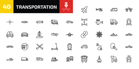 transportation outline icon set. 40 linear vector for ui, web and mobile. thin line airplane pointing up, helicopter profile, van and more icons. © Farahim