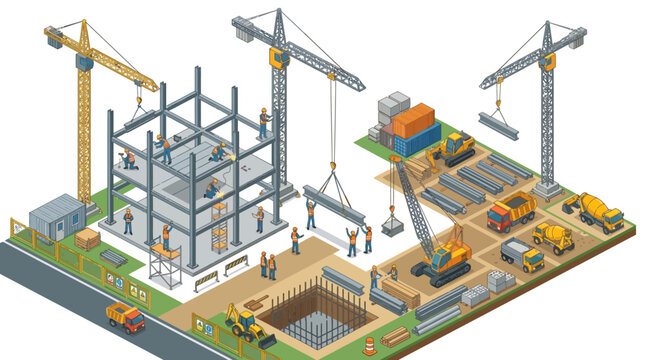 Isometric flat vector illustration: workers and machinery building a modern urban structure on a construction site.