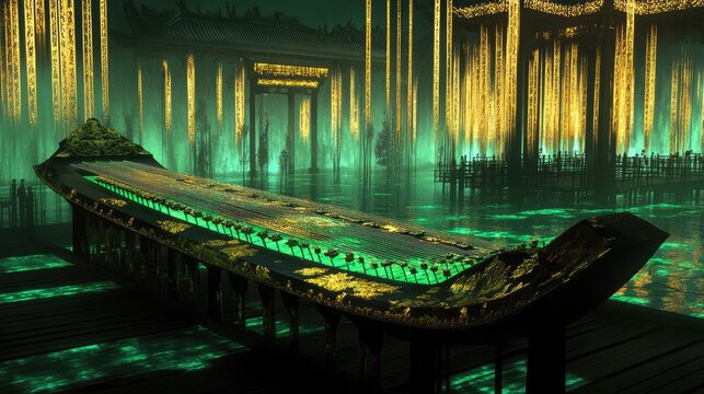 Ethereal Guzheng: Cyberpunk Asian Temple at Night