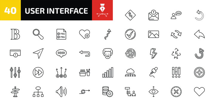user interface outline icon set. 40 linear vector for ui, web and mobile. thin line left reverse curve, anonymous message, user with speech bubble and more icons.