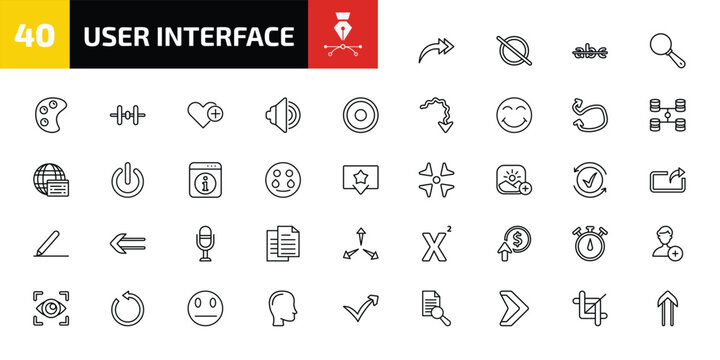 user interface outline icon set. 40 linear vector for ui, web and mobile. thin line right drawn arrow, forbbiden, strikethrough and more icons.