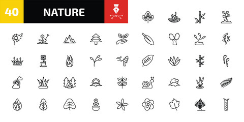 nature outline icon set. 40 linear vector for ui, web and mobile. thin line reniform, vineyard, bamboo branches and more icons. © Farahim