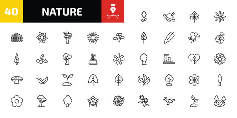 nature outline icon set. 40 linear vector for ui, web and mobile. thin line hyacinth, saturn with his ring, hawthorn leaf and more icons. © Farahim