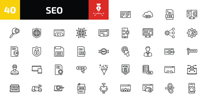 seo outline icon set. 40 linear vector for ui, web and mobile. thin line theme, seo cloud, css and more icons.