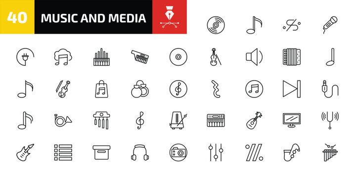 music and media outline icon set. 40 linear vector for ui, web and mobile. thin line cd, semiquaver, segno and more icons.