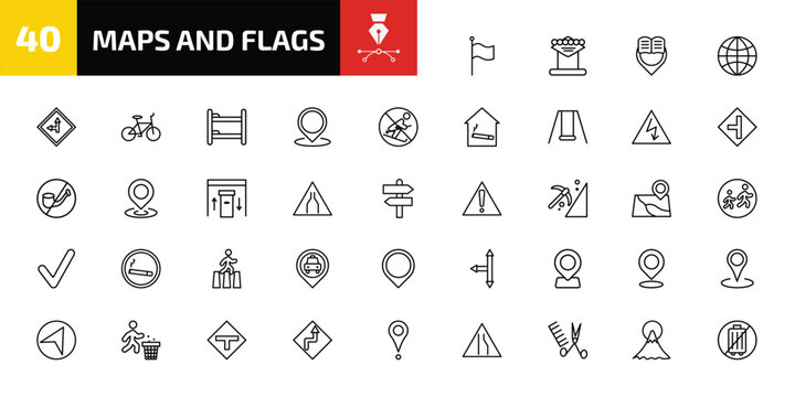 maps and flags outline icon set. 40 linear vector for ui, web and mobile. thin line plain flag, las vegas, reading zone and more icons.