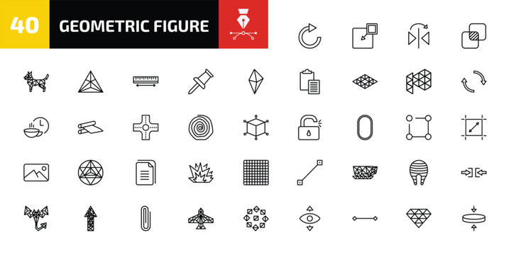 geometric figure outline icon set. 40 linear vector for ui, web and mobile. thin line redo, insert, mirror horizontally and more icons.