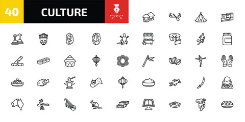 culture outline icon set. 40 linear vector for ui, web and mobile. thin line indian village, native american canoe, native american wigwam and more icons. © Farahim