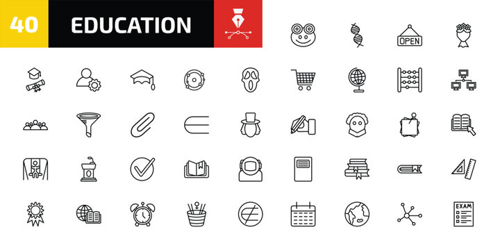 education outline icon set. 40 linear vector for ui, web and mobile. thin line frog, dna strand, opened and more icons.