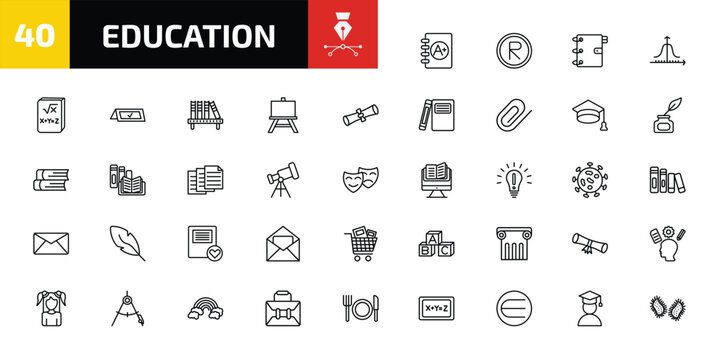 education outline icon set. 40 linear vector for ui, web and mobile. thin line clipboard with a+, registered, school agenda and more icons.