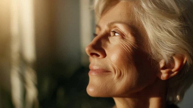 Serene elderly woman with short gray hair enjoys peaceful sunlight on her face, eyes closed in relaxation. Tranquil moment of mindfulness and contentment in a bright, cozy setting