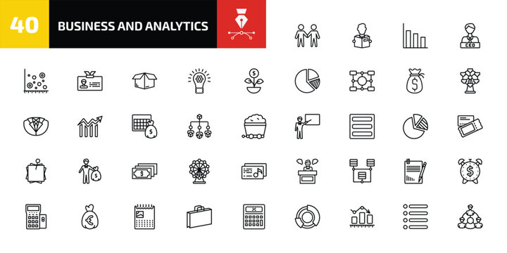 business and analytics outline icon set. 40 linear vector for ui, web and mobile. thin line men couple, reader, bars chart and more icons.