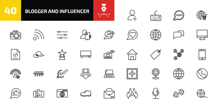 blogger and influencer outline icon set. 40 linear vector for ui, web and mobile. thin line follow, keyboard, comment and more icons.