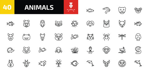 animals outline icon set. 40 linear vector for ui, web and mobile. thin line piranha, moray, mink and more icons. © Farahim