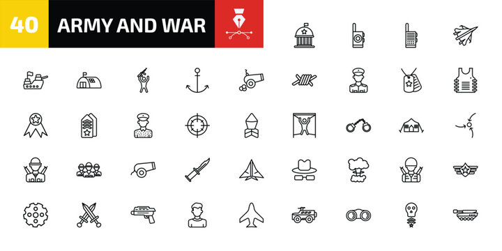 army and war outline icon set. 40 linear vector for ui, web and mobile. thin line federal agency, walkie talkie, militar radio and more icons.
