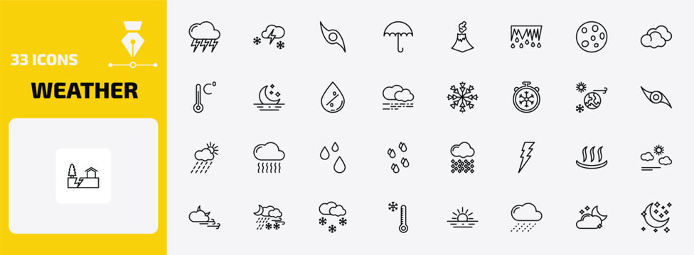 weather outline icon set. 33 linear vector for ui, web and mobile. thin line stormy, thundersnow, tropical cyclone and more icons.