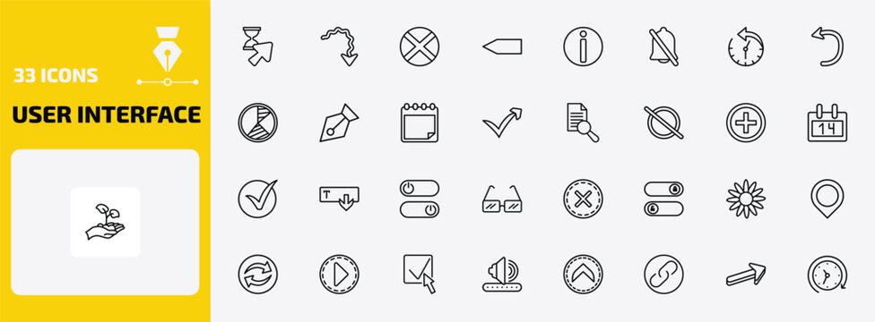 user interface outline icon set. 33 linear vector for ui, web and mobile. thin line wait cursor, squiggly arrow, jamaican and more icons.