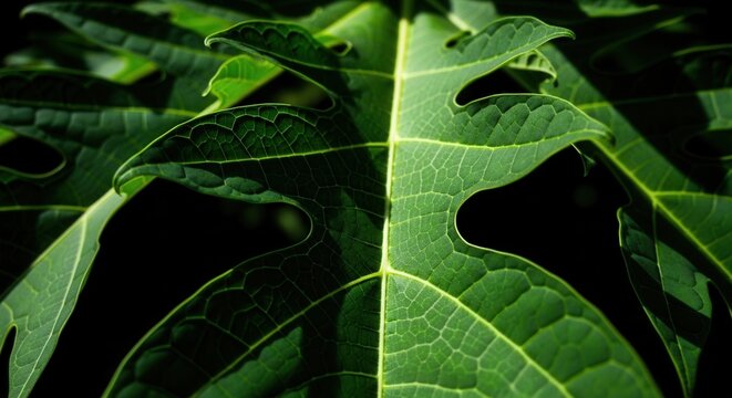 Detailed Macro View Of Vibrant Green Papaya Leaf Veins And Texture