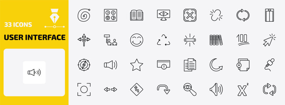 user interface outline icon set. 33 linear vector for ui, web and mobile. thin line spiral tool, user ting interface, open diary and more icons.