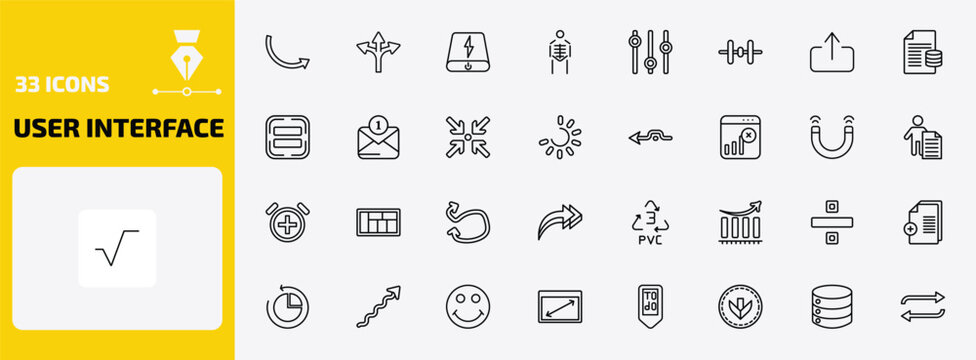 user interface outline icon set. 33 linear vector for ui, web and mobile. thin line round right arrow, crossroad, power bank and more icons.
