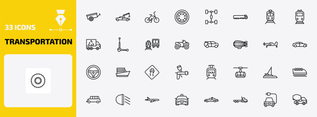 transportation outline icon set. 33 linear vector for ui, web and mobile. thin line oxcart, tow truck, bicycle and more icons. © Farahim
