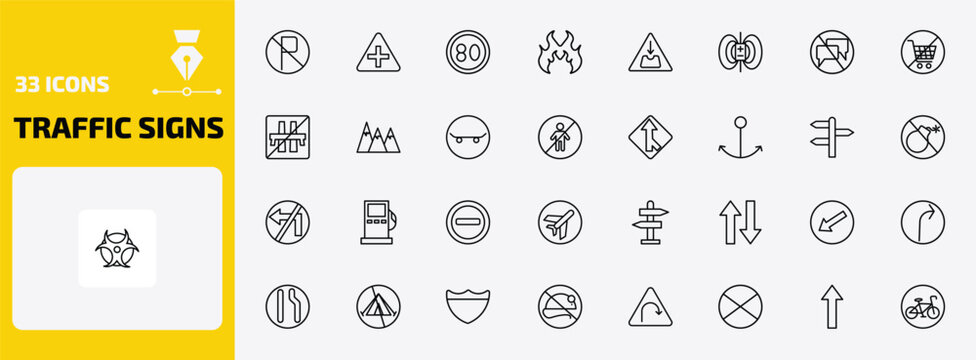 traffic signs outline icon set. 33 linear vector for ui, web and mobile. thin line no parking, intersection, speed limit and more icons.
