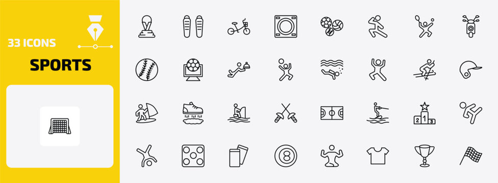 sports outline icon set. 33 linear vector for ui, web and mobile. thin line world cup, shin guards, bicycle for children and more icons.