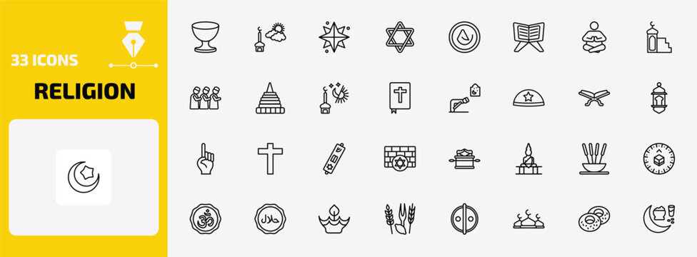 religion outline icon set. 33 linear vector for ui, web and mobile. thin line laver of washing, ramadan sunrise, holy star and more icons.