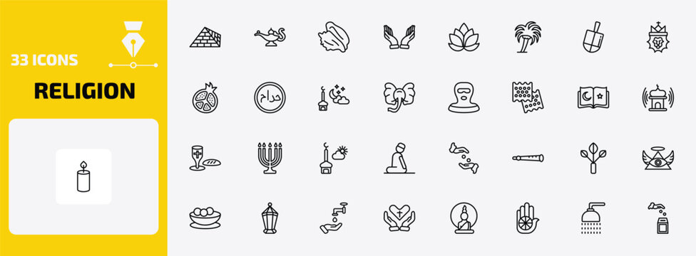 religion outline icon set. 33 linear vector for ui, web and mobile. thin line captives to egypt, genie lamp, conch shell and more icons.