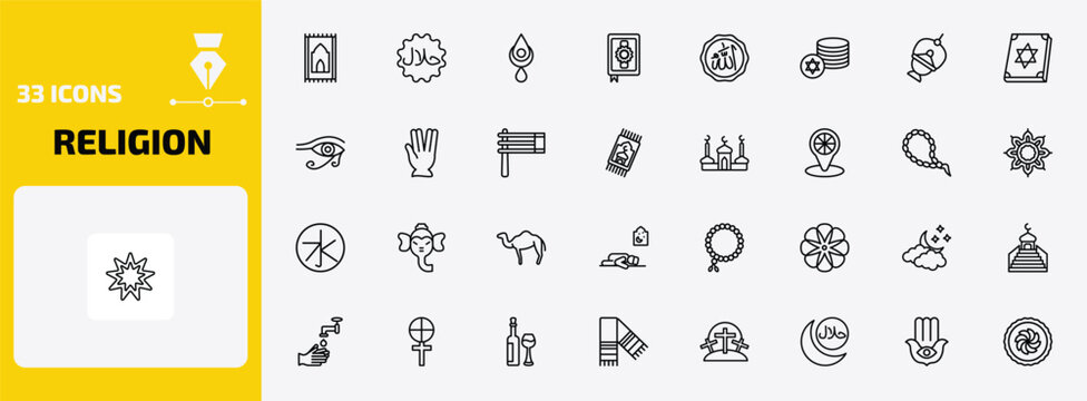 religion outline icon set. 33 linear vector for ui, web and mobile. thin line praying mat, halal, bindi and more icons.
