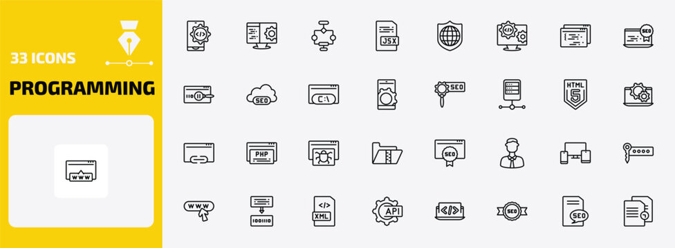 programming outline icon set. 33 linear vector for ui, web and mobile. thin line mobile development, computing, aorithm and more icons.