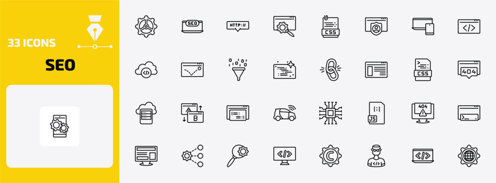 seo outline icon set. 33 linear vector for ui, web and mobile. thin line cogwheel, seo monitoring, http and more icons.