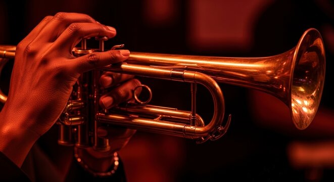 Close-up of hand playing trumpet.