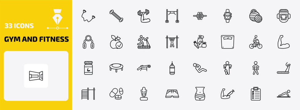gym and fitness outline icon set. 33 linear vector for ui, web and mobile. thin line exercise bands, arms extender, fitness and more icons.