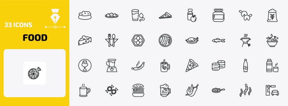 food outline icon set. 33 linear vector for ui, web and mobile. thin line dog food, mantou, drink water and more icons.