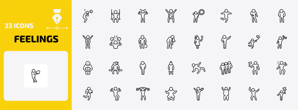 feelings outline icon set. 33 linear vector for ui, web and mobile. thin line pissed off human, free human, aggravated human and more icons.