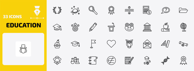 education outline icon set. 33 linear vector for ui, web and mobile. thin line laurel wreath, planet saturn, magnification lens and more icons. © Farahim