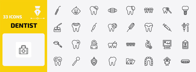dentist outline icon set. 33 linear vector for ui, web and mobile. thin line dental probe, baby dental, broken tooth and more icons. © Farahim