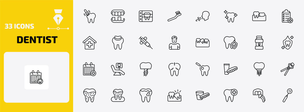 dentist outline icon set. 33 linear vector for ui, web and mobile. thin line sealants, overdenture, radiograph and more icons.