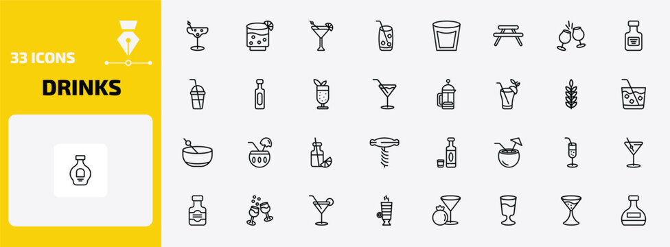 drinks outline icon set. 33 linear vector for ui, web and mobile. thin line last word drink, lime rickey drink, martinez and more icons.